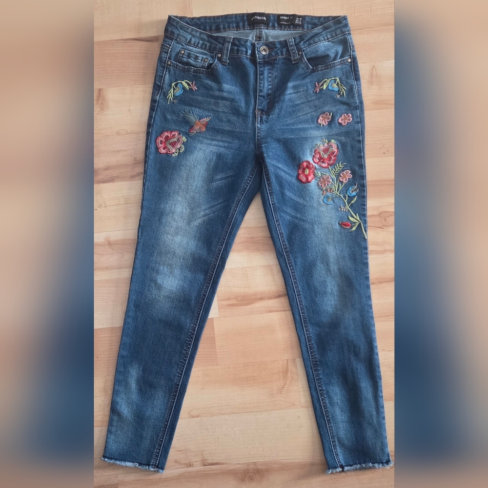 Embroidered Floral Blue Skinny Ankle Jeans Size 9 Retro